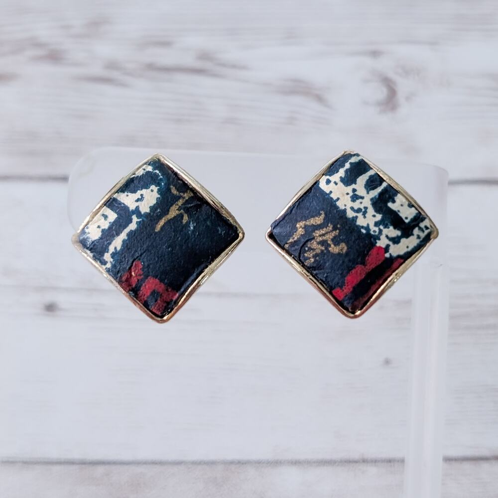 Vintage Clip On Earrings Diamond Shape Gold Tone with Blue/Red/White Fabric